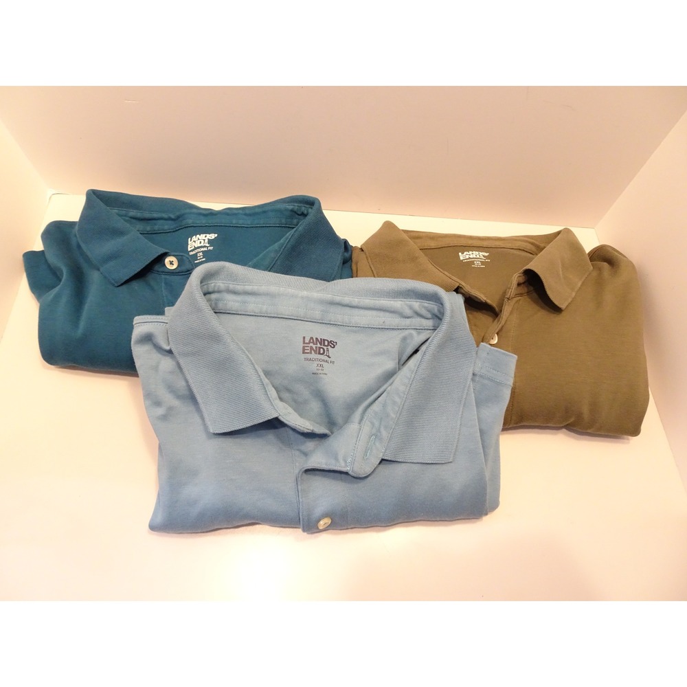 Lands End Mens Traditional Fit Polo Shirt Bundle 3 Pack Blue Teal Green XXL